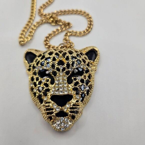 Natasha Couture Large Panther Leopard Gold Tone Necklace Rhinestone Cheetah - Picture 1 of 8